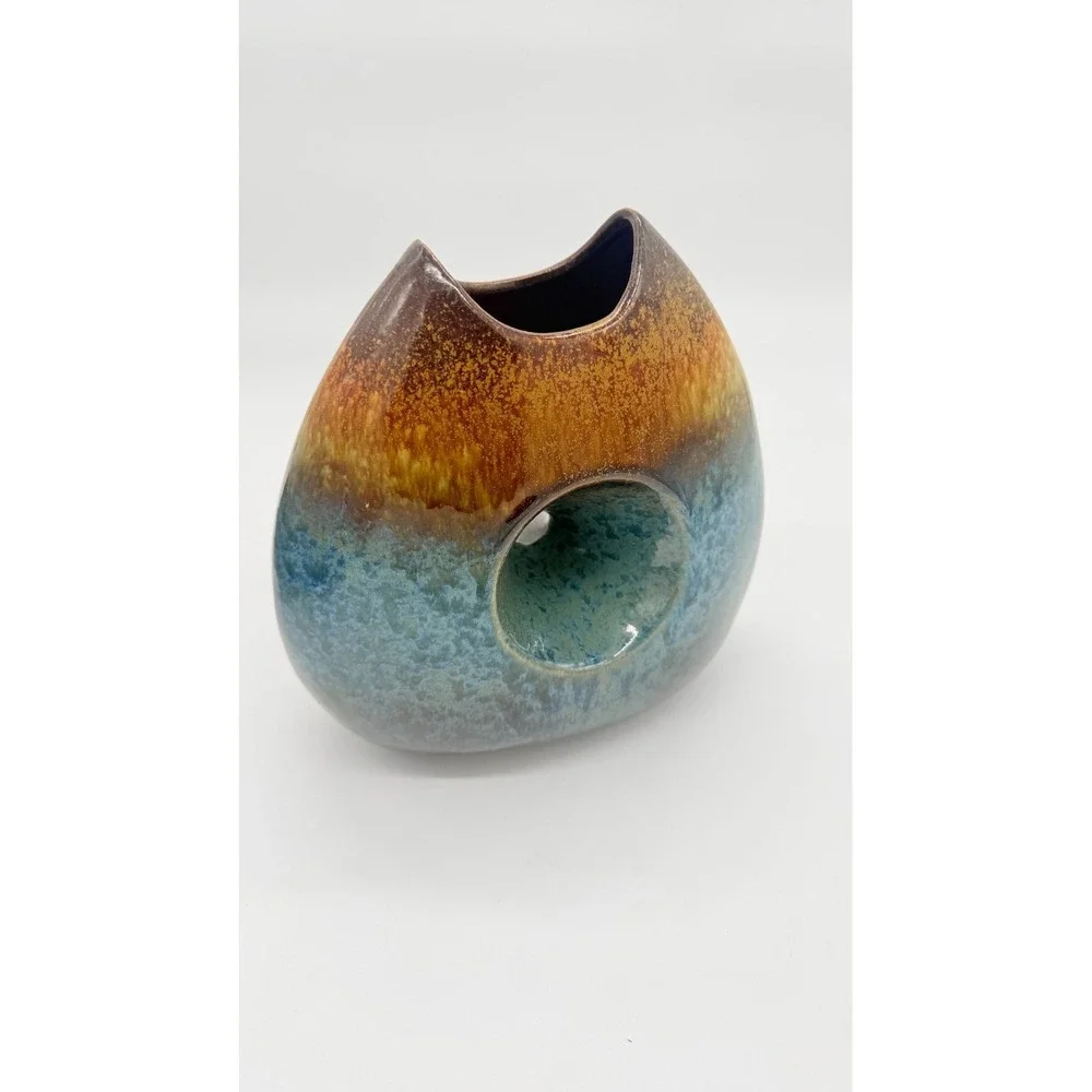 Vintage Ceramic Vase Decoration Piece 8.5 Inches Tall In Brown & Blue Distressed